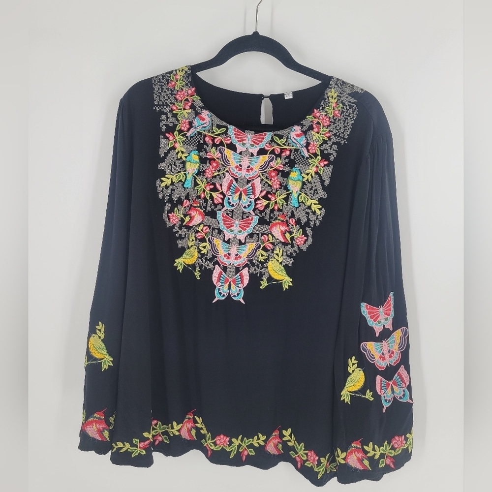 Women Mexican‎ Embroidered Tops Black Boho Size XXL - Picture 2 of 7